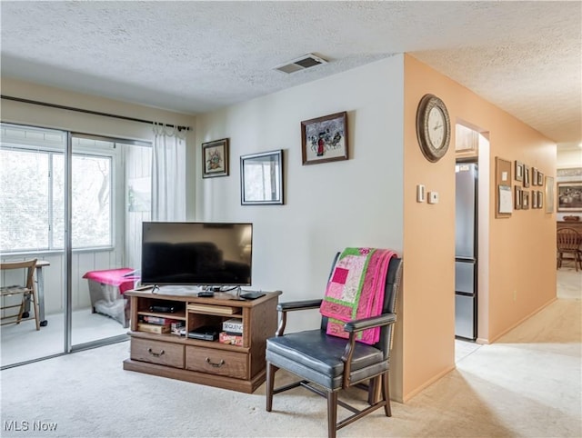 sitting room with light carpet and a textured ceiling