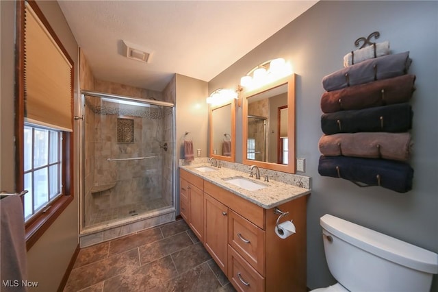 bathroom featuring vanity, toilet, and a shower with door