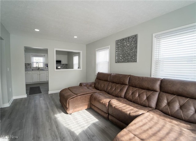 living room featuring plenty of natural light, sink, a textured ceiling, and dark hardwood / wood-style flooring