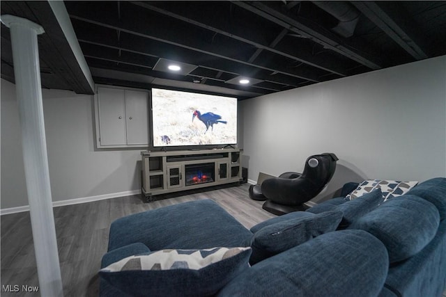 cinema featuring hardwood / wood-style floors