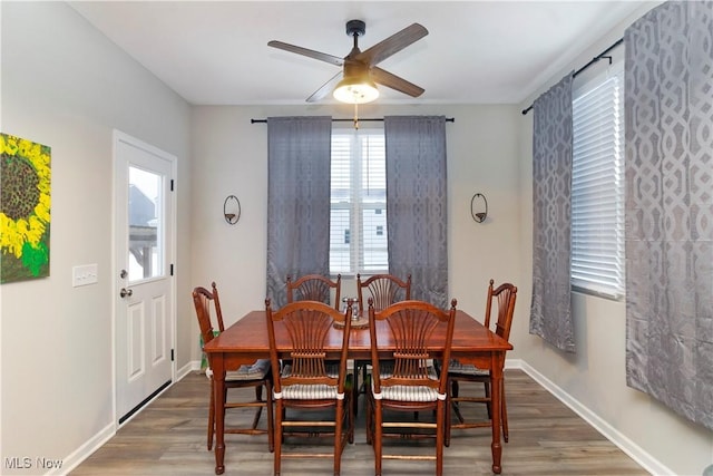 dining space featuring dark hardwood / wood-style floors and ceiling fan