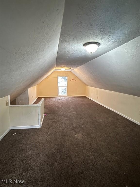 bonus room featuring lofted ceiling, carpet floors, and a textured ceiling