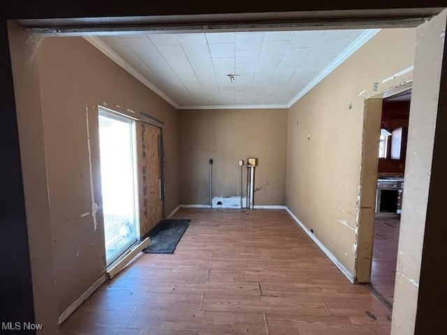 laundry area with light hardwood / wood-style flooring and ornamental molding