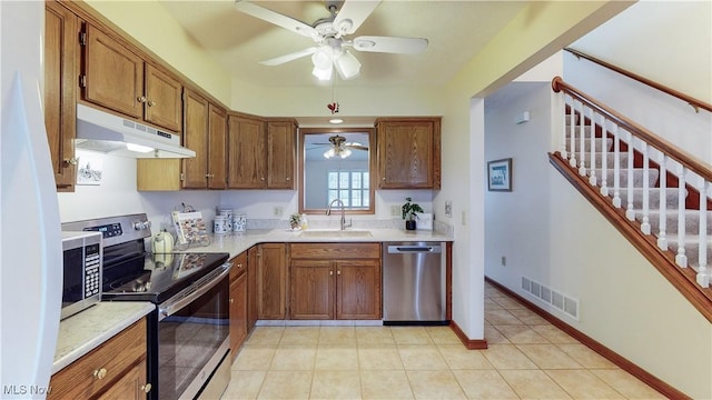 kitchen featuring ceiling fan, appliances with stainless steel finishes, and sink