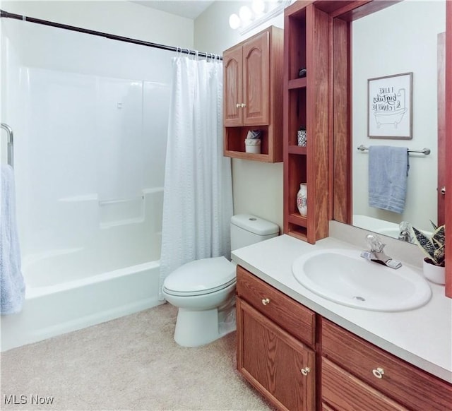 full bathroom featuring vanity, toilet, and shower / bathtub combination with curtain