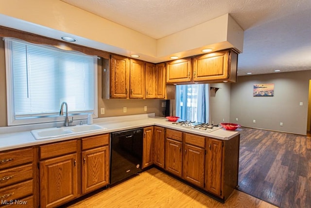 kitchen featuring sink, light hardwood / wood-style flooring, white gas stovetop, kitchen peninsula, and black dishwasher