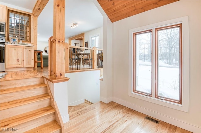 stairway featuring wood-type flooring and wooden ceiling