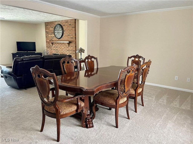 carpeted dining space with crown molding