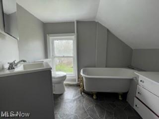 bathroom featuring lofted ceiling, toilet, a bathtub, and vanity