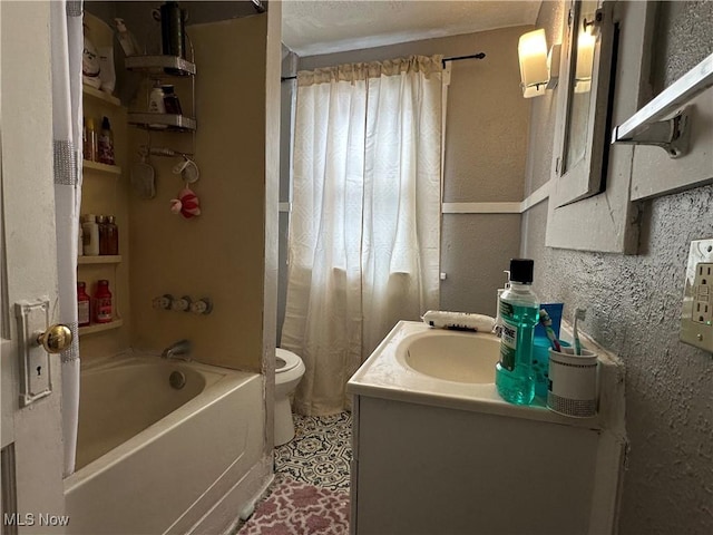 full bathroom featuring vanity, tile patterned floors, shower / bathtub combination, and toilet