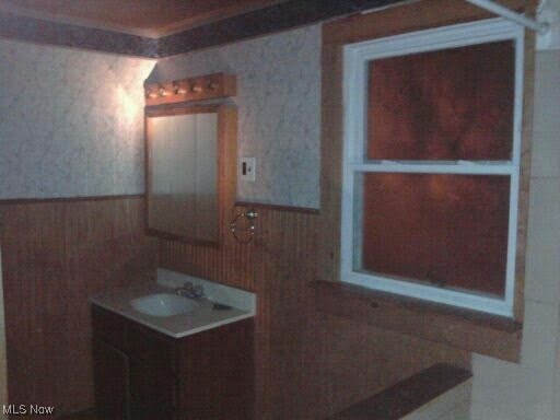 bathroom featuring vanity and wooden walls