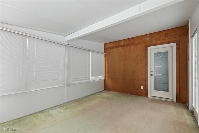 basement with light carpet and wooden walls