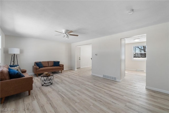 living room featuring ceiling fan and light hardwood / wood-style flooring