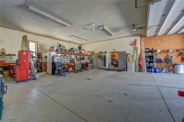 garage with a workshop area