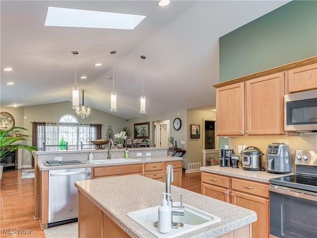 kitchen with appliances with stainless steel finishes, sink, and an island with sink