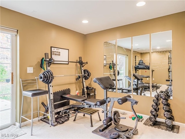 workout area with carpet flooring