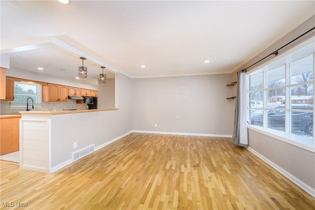 unfurnished living room featuring sink, ornamental molding, and light wood-type flooring