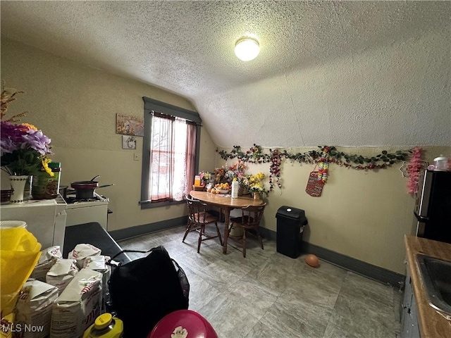 office space with lofted ceiling, sink, and a textured ceiling