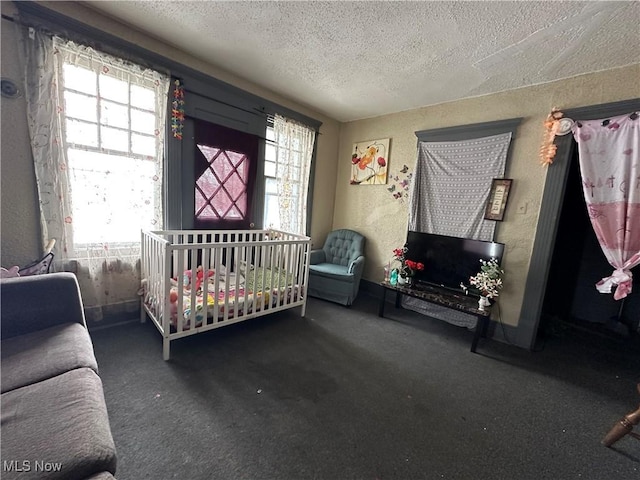 carpeted bedroom with a textured ceiling