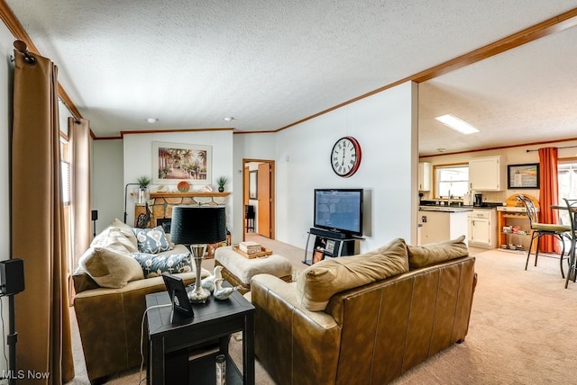 carpeted living room featuring ornamental molding, lofted ceiling, a fireplace, and a textured ceiling