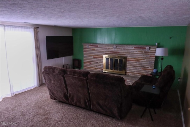 living room with wooden walls, a brick fireplace, light carpet, and a textured ceiling