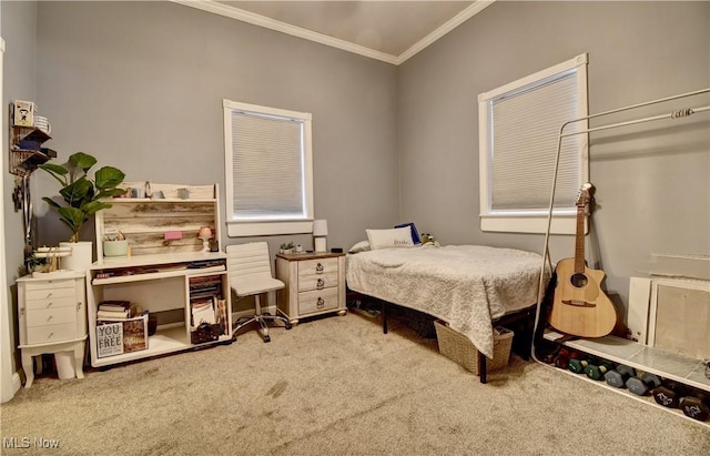 bedroom featuring carpet floors and ornamental molding