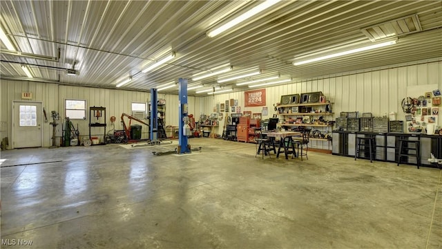 garage with a workshop area