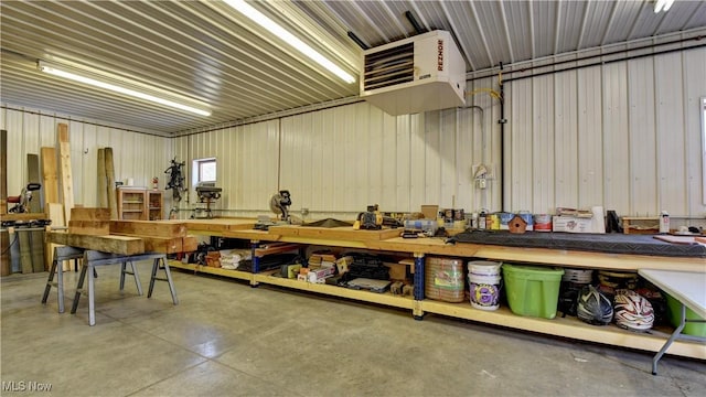 garage with a workshop area