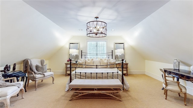 bedroom with a chandelier, vaulted ceiling, and light carpet