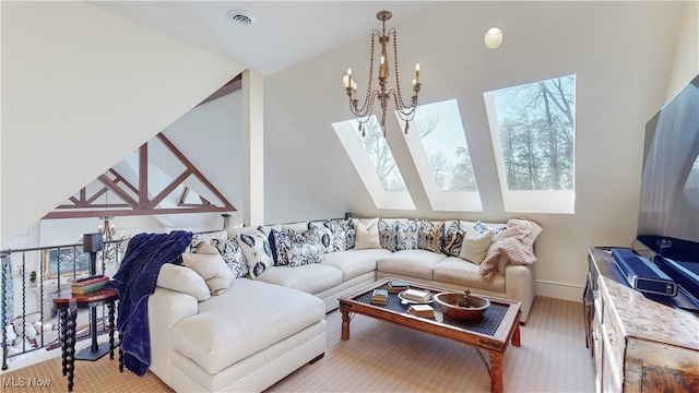 carpeted living room with an inviting chandelier and lofted ceiling with skylight