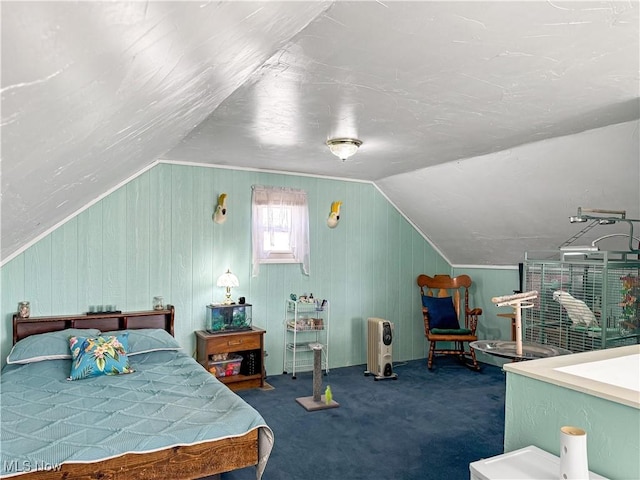 bedroom with vaulted ceiling and dark carpet