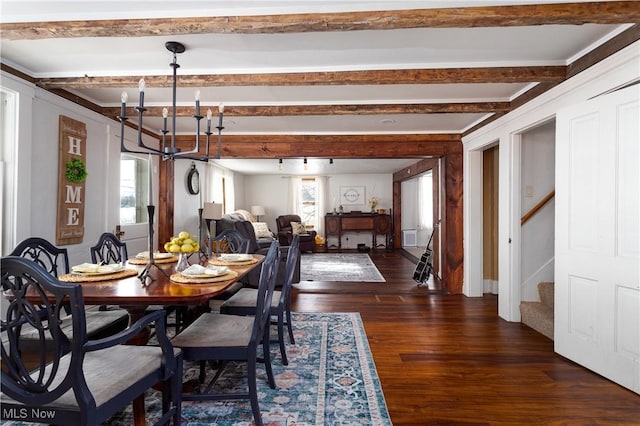 dining room featuring beamed ceiling, dark hardwood / wood-style floors, and a notable chandelier