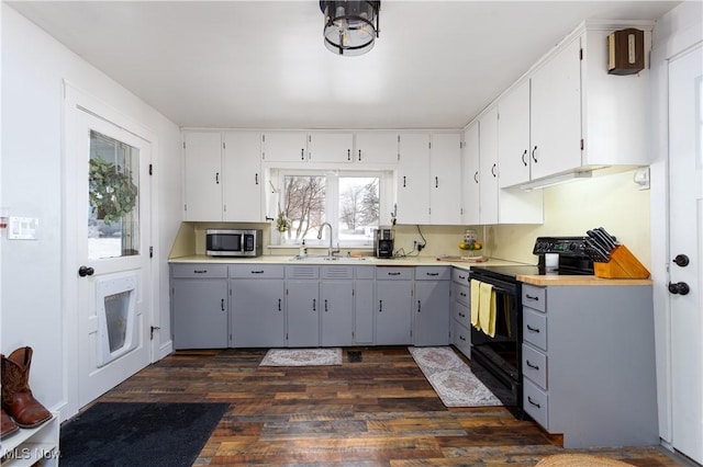 kitchen featuring gray cabinetry, black / electric stove, dark wood-type flooring, and sink