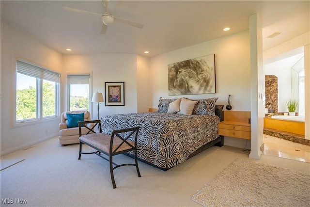 bedroom with light colored carpet and ceiling fan