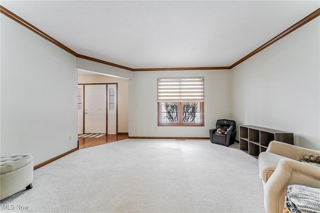 living area featuring crown molding and carpet floors