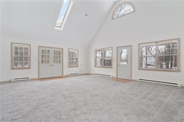 unfurnished living room featuring a baseboard heating unit and high vaulted ceiling