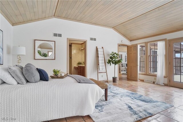 bedroom featuring wood ceiling, lofted ceiling, and connected bathroom