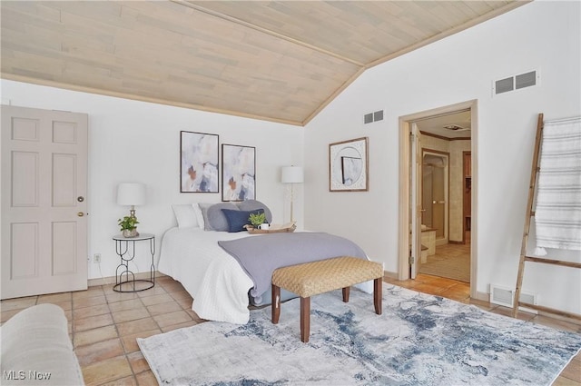 tiled bedroom featuring vaulted ceiling, ornamental molding, and wooden ceiling