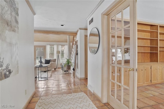 7750 W Calla Rd, Canfield, OH 44406 - hall featuring french doors, visible vents, baseboards, and ornamental molding