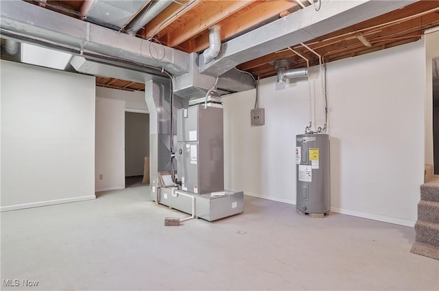 basement featuring electric water heater and heating unit