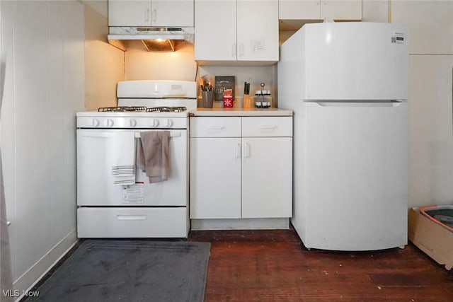 kitchen with white cabinetry, dark wood-type flooring, and white appliances