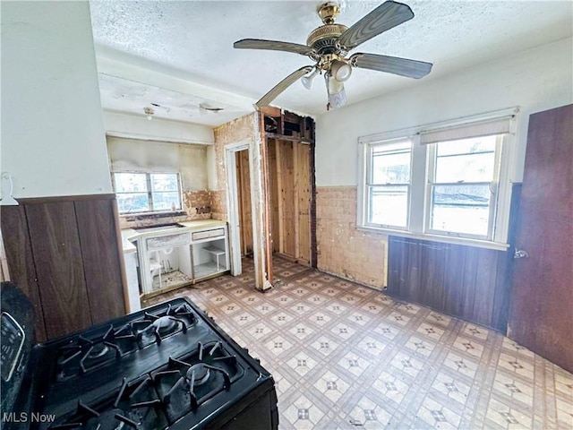 3235 W 94th St, Cleveland, OH 44102 - kitchen with ceiling fan, black gas range oven, and a textured ceiling