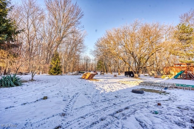 yard layered in snow with a playground