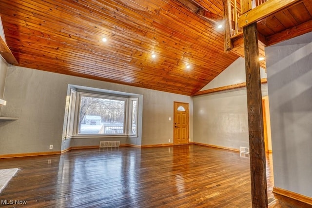 unfurnished living room featuring hardwood / wood-style floors, wood ceiling, and high vaulted ceiling