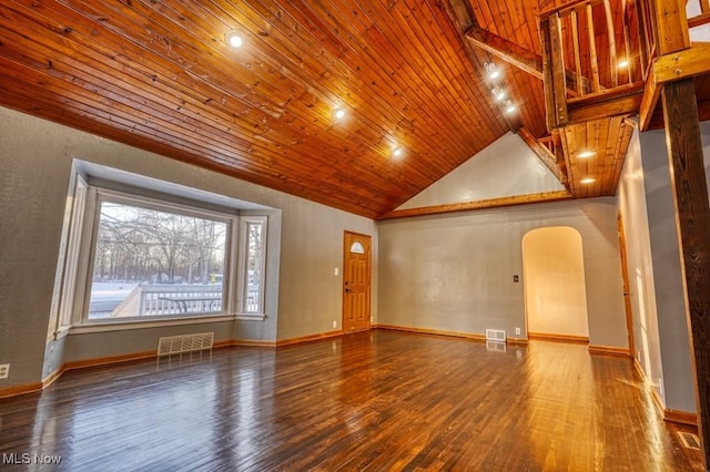 spare room featuring wood-type flooring, wooden ceiling, and high vaulted ceiling