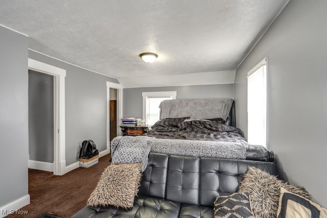 carpeted bedroom featuring multiple windows and a textured ceiling