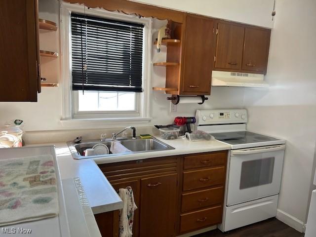 kitchen with electric stove, sink, and dark hardwood / wood-style flooring