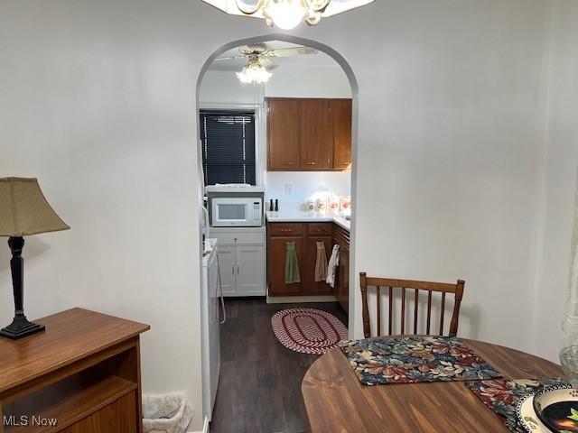 dining space with dark hardwood / wood-style flooring