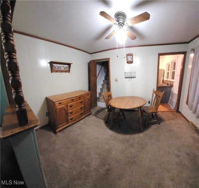 carpeted dining room featuring ceiling fan and ornamental molding