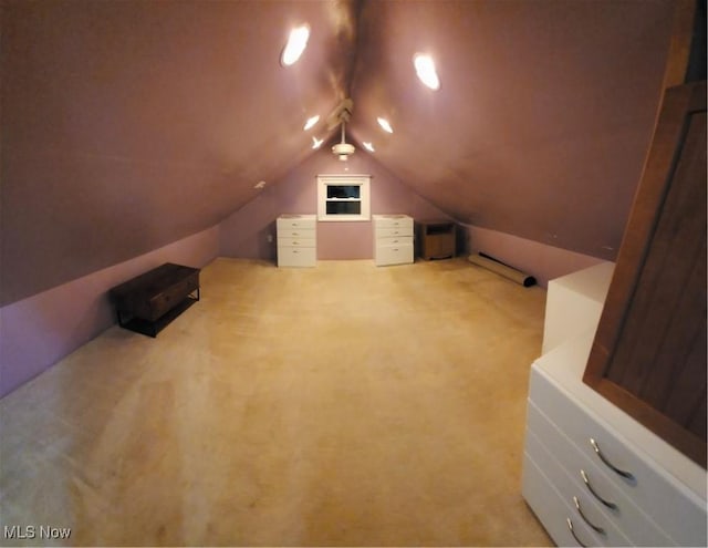 additional living space with light colored carpet and lofted ceiling